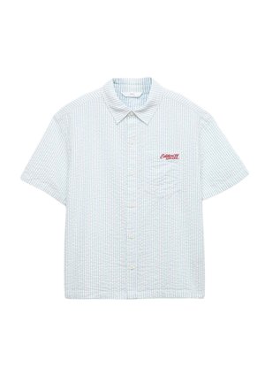 Lyseblå og hvide stribet kortærmet skjorte med knapper, krave, brystlomme og rød tekst "Edition 84 Apparel" på lommen.