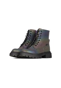 Botas de senderismo con un acabado metálico e iridiscente. Las características incluyen cordones negros, suela de goma resistente y diseño de altura para el tobillo.