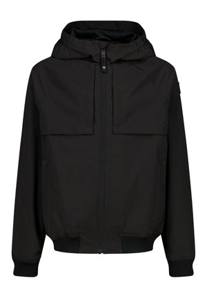 Czarna kurtka z kapturem, dwoma przednimi kieszeniami i pełnym zamkiem błyskawicznym. Posiada ściągacze przy mankietach oraz gładką fakturę materiału.