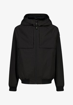 Zwarte jas met een capuchon, twee zakken aan de voorkant en een volledige ritssluiting. Heeft geribbelde manchetten en een gladde stoftextuur.