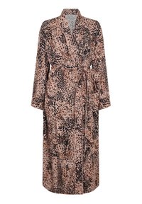 Long, pink leopard-print robe made of soft fabric, featuring a belt, side pockets, and contrasting black accents. Knee-length sleeves.
