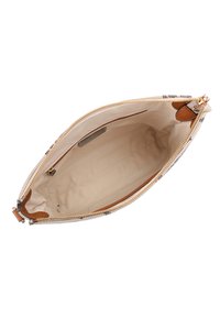 Kieszonka zapinana na zamek w wzorzystym materiale z beżowym wnętrzem. Posiada akcenty z jasnobrązowej skóry oraz srebrny zamek błyskawiczny dla bezpiecznego zamknięcia.