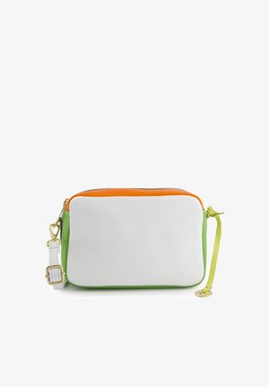 Rectangular colorblock crossbody bag with white front, orange top, green sides, and adjustable strap with gold-tone hardware.
