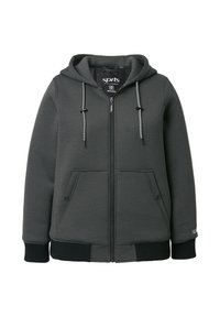 Szara rozpinana bluza z kapturem ze sznurkiem, z przednimi kieszeniami, ściągaczami na rękawach i u dołu, wykonana z miękkiego materiału o gładkiej teksturze i minimalnym oznakowaniu.