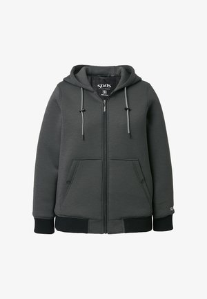 Grijze rits-hoodie met een trekkoordkap, voorzakken, ribgebreide manchetten en zoom, gemaakt van zachte stof met een gladde textuur en minimale branding.