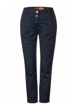 Mörkblå bomullsbyxor med två framfickor, knäppning med knapp och dragkedja samt kontrasterande detaljer på insidan av midjebandet. Smal passform.