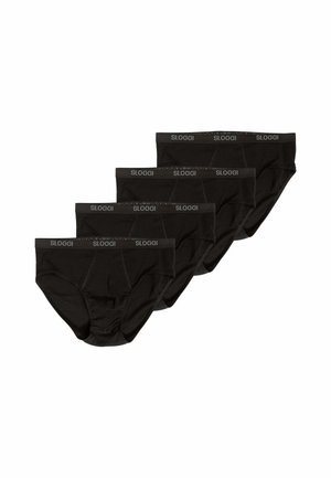 Quattro paia di slip neri da uomo con fascia elastica marchiata, disposti a fila scalare su sfondo bianco.