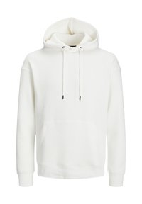 Felpa bianca con cappuccio realizzata in tessuto morbido. Presenta una tasca frontale, un cappuccio con stringa regolabile e punte nere, e polsini e orlo a coste.
