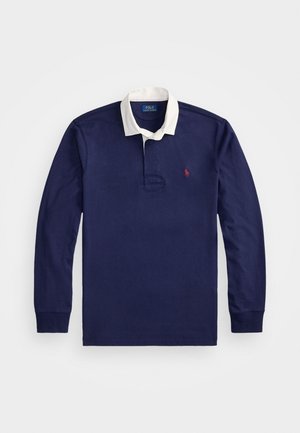 Navy long-sleeve polo shirt with a white collar, embroidered logo on chest, and a buttoned placket; made from cotton fabric.