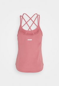 Rosa atletisk tanktop med korsade bakslingor, med en figurnära design och en liten vit logotyp på framsidan. Slät, stretchig tyg.
