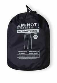 Zwarte opvouwbare broek voor kinderen, maat 5-6 jaar, gemaakt van waterproof en ademend materiaal, verpakt in een trekkoordzak met witte grafische afbeeldingen.