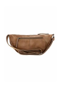 Bolso de hombro de piel marrón con un acabado texturizado, que cuenta con un bolsillo frontal con cremallera y una correa ajustable para mayor versatilidad.