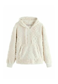 Crème-kleurige hoodie van textuurrijk, fluffy materiaal. Voorzien van een voorzak, een capuchon met trekkoord en geometrische patronen over de stof.