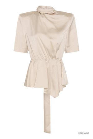 Κρέμ μπλούζα με κοντά μανίκια, με σούρα στη μέση, ασύμμετρο ρέον στρίφωμα και λεπτομέρεια με ψηλό γιακά.