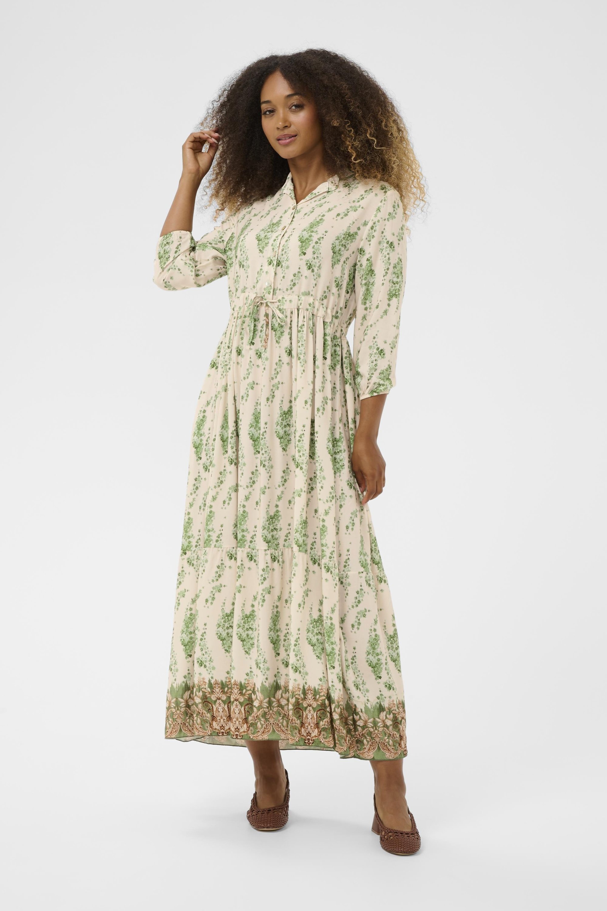 green emerald velvet dress 100% Cotton Ivory Green Floral Midi Dress - All Dresses