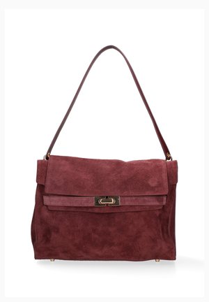 Burgundy suede shoulder bag with a single strap and a gold-tone rectangular turn-lock clasp on the front flap.