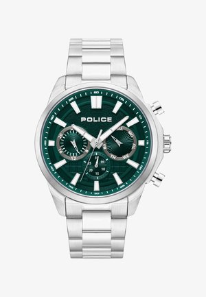 Reloj de acero inoxidable plateado con un dial texturizado verde, tres subdiales, marcadores de hora blancos y manecillas claras. Presenta un diseño de brazalete con eslabones.