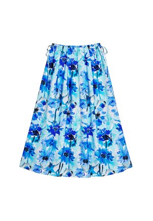 Gonna maxi floreale con un motivo blu e turchese su un tessuto leggero. Vita elastica con lacci. Forma fluida.