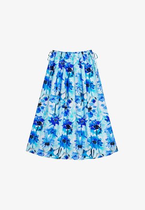 Blomstret maxiskørt med et blåt og turkist mønster på et let materiale. Elastisk talje med snoretræk. Svingende form.