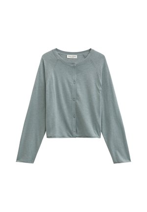 Hellgraue, kurz geschnittene Strickjacke mit Rundhalsausschnitt und langen Ärmeln, mit fünf Knöpfen vorne und einem Markenlabel innen im Kragen.