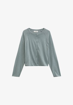 Jasnoszary krótki kardigan z okrągłym dekoltem i długimi rękawami, z pięcioma guzikami z przodu oraz metką marki wewnątrz kołnierza.