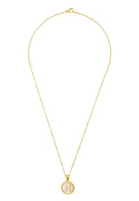 Złoty naszyjnik z łańcuszkiem, który zawiera okrągły wisiorek z wypukłym logo "H" oraz teksturowaną ramką. Łańcuszek jest delikatny i ma zapięcie typu krab.
