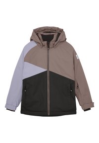 Färgspräcklig jacka med huva, med sektioner i brunt, svart och ljuslila. Dragkedja framtill och sidofickor för förvaring.