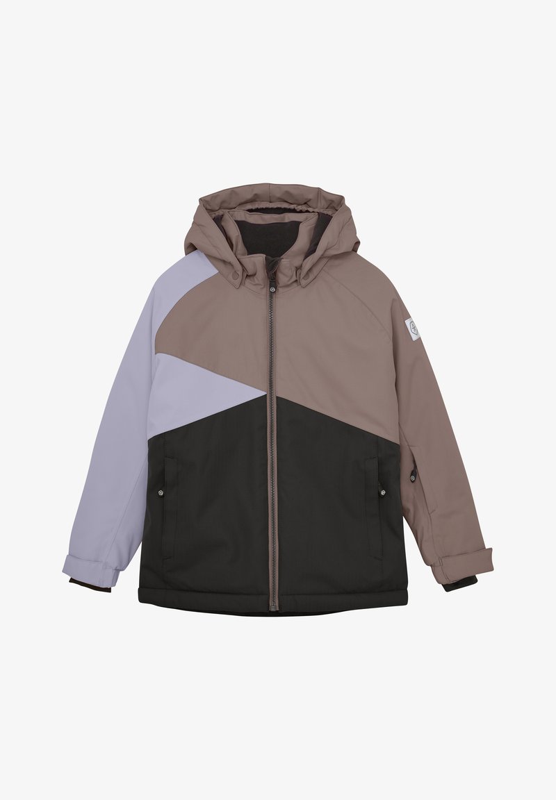 Farbenblockierte Jacke mit Kapuze, in den Farben Braun, Schwarz und Helllila. Mit Reißverschluss vorne und seitlichen Taschen zur Aufbewahrung.