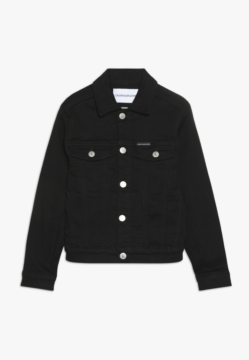 Schwarze Jeansjacke mit durchgehender Knopfleiste, zwei Brusttaschen und silbernem Metallzubehör. Sie hat einen klassischen Kragen und ein kurzes Design.