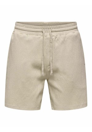 Béžové bavlnené šortky s elastickým pásom a predným sťahovacím šnúrkou, vyrobené z príležitostnej tkaniny s textúrou a s bočnými vreckami.
