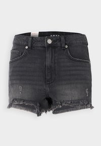 Čierne denimbové šortky s roztrhnutým lemovaním, poškodeným detailom a uzáverom na kovový gombík. Funkcie klasického dizajnu a štýlu s piatimi vreckami.