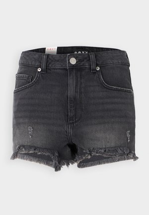 Black denim shorts with a frayed hem, distressed detailing, and a metal button closure. Features a classic design and five-pocket style.