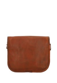 Hnedá kožená crossbody taška s hladkým povrchom, zaoblenými hranami a viditeľnými stehovými detailmi. Disponuje jednoduchým, minimalistickým dizajnom.