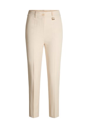 Pantalon beige sur mesure avec une coupe droite, doté d'une fermeture à bouton unique, de passants pour ceinture, et d'une finition élégante. Convient pour une tenue formelle.
