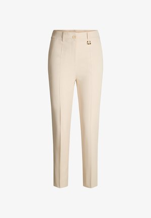 Pantalon beige sur mesure avec une coupe droite, doté d'une fermeture à bouton unique, de passants pour ceinture, et d'une finition élégante. Convient pour une tenue formelle.