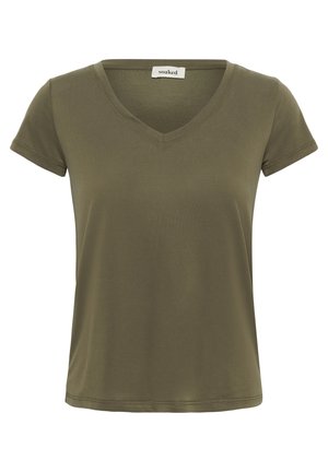 Maslinasto zeleni T-shirt s V izrezom i kratkim rukavima, izrađen od mekane tkanine, s tijesnim oblikom i jednostavnim detaljima šivanja.