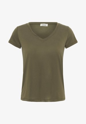 Olivgrünes V-Ausschnitt-T-Shirt mit kurzen Ärmeln, aus weichem Material gefertigt, mit figurbetonter Form und schlichten Nähdetails.