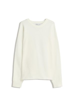 Cremfarbener Pullover aus weichem Stoff, mit rundem Ausschnitt, langen Ärmeln und einem lockeren Schnitt mit gerippten Bündchen und Saum.