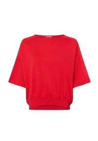 Rode top met korte mouwen van zacht breimateriaal, met een losse pasvorm en een geribbelde zoom. Eenvoudig, strak ontwerp zonder patronen of accenten.