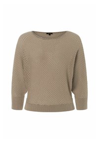 Hellbeige gestrickter Pullover mit lockerer, offener Maschenstruktur, weitem Rundhalsauschnitt und gerippten Bündchen. Bietet eine entspannte Passform und strukturierte Oberfläche.