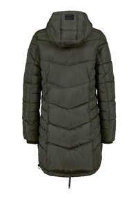 Olivgrüne Pufferjacke mit Kapuze, ausgestattet mit einem Chevron-Muster, gerippten Bündchen und einem Kordelzugsaum für eine verstellbare Passform.