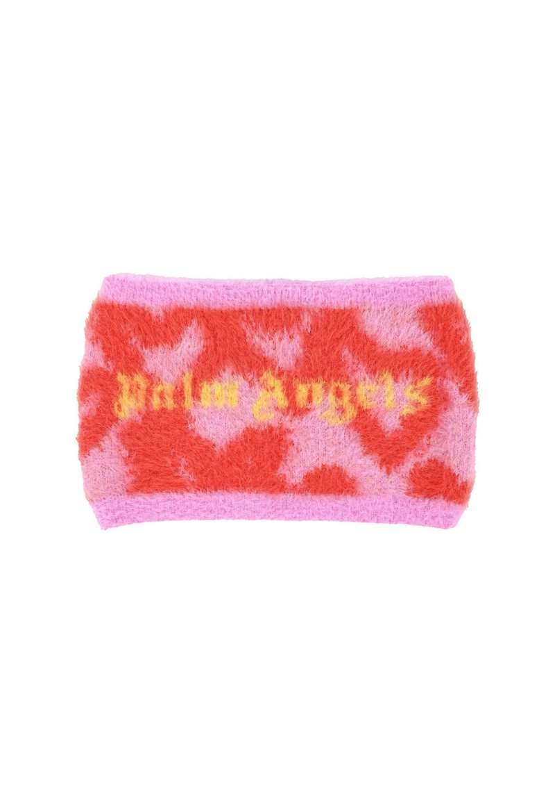 Fascia colorata con texture fluffy, base rosa e motivo a cuori rossi; il logo "Palm Angels" in giallo è ben visibile.
