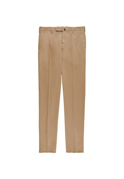 Pantaloni beige a gamba dritta con passanti per cintura e chiusura lampo, mostrati distesi su sfondo bianco.