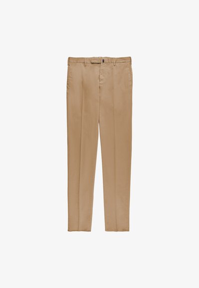 Pantaloni beige a gamba dritta con passanti per cintura e chiusura lampo, mostrati distesi su sfondo bianco.