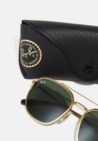 Occhiali da sole Ray-Ban con lenti verdi e montatura in metallo dorato, accompagnati da un astuccio protettivo nero texturizzato con logo dorato.