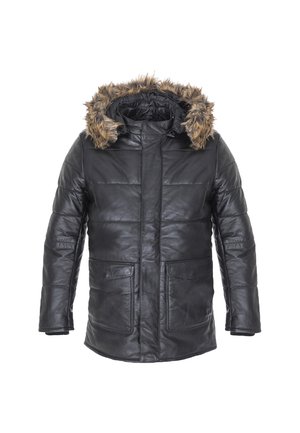 Schwarze Leder-Pufferjacke mit einer mit Kunstpelz gefütterten Kapuze, gestepptem Design und zwei vorderen Taschen. Verfügt über einen Reißverschluss und lange Ärmel.