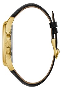 Orologio dorato con cinturino in pelle nera. La cassa è tondeggiante con pulsanti a pressione, presenta una finitura lucida e un cinturino testurizzato.