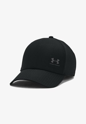 Black baseball cap with a textured fabric, curved visor, and stitched detailing. Features a prominent black Under Armour logo on the front panel.