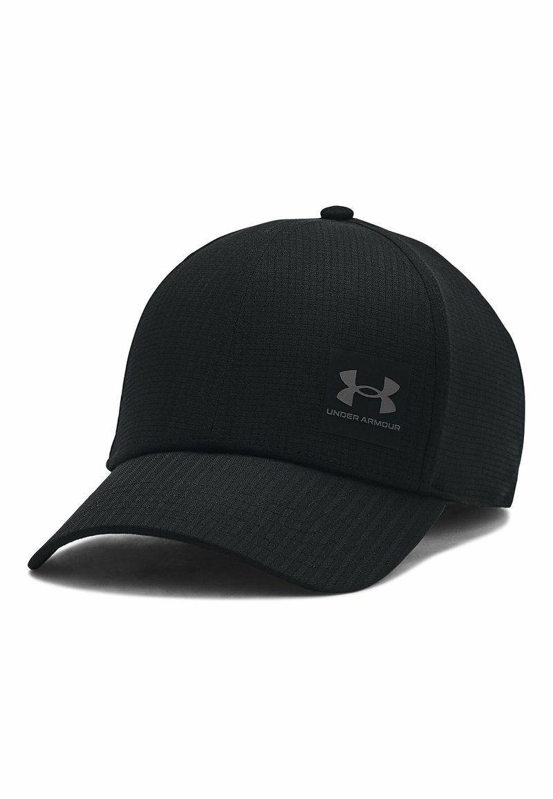 Black baseball cap with a textured fabric, curved visor, and stitched detailing. Features a prominent black Under Armour logo on the front panel.