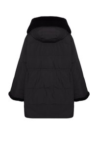 Sort pufferjakke med hætte, der har en faux fur-krave og brede ærmer. Teksturerede paneler med stikninger hele vejen igennem.